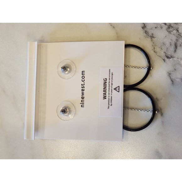 Nine West Silver Tone & Black Circle Drop Earrings With Chain Detail - Picture 3 of 5